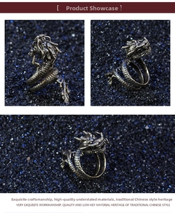 Detailed views of vintage dragon ring featuring intricate scales and antique silver finish