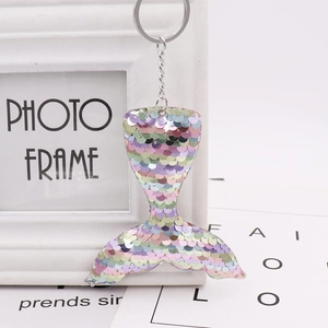 Detail shot of a double-sided glitter mermaid tail keychain with iridescent sequins