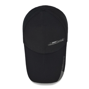 Black canvas sports baseball cap with fashion prints and curved brim in top view