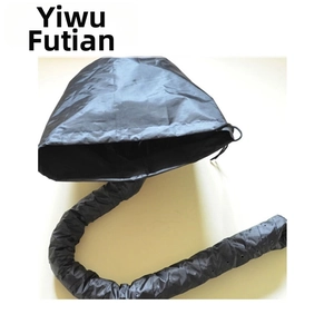 Detail of black nylon hair dryer bonnet attachment with adjustable drawstring and air hose