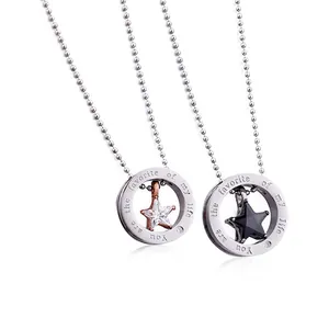 Collana Con Pendente Stella Anello Tondo In Acciaio Inossidabile Inciso Strass Catena A Sfere Gioielli Per Coppia Uomo Donna