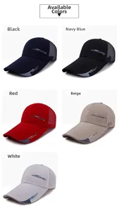 Detail of five multi-color breathable mesh baseball caps with extended brims and sport prints