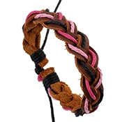 Close-up of multi-layer braided leather bracelet with brown, pink, and black cord details
