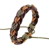 Close-up of handmade braided leather bracelet in brown and olive green with cord