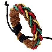 Detail of multi-color braided leather bracelet with adjustable black knot closure