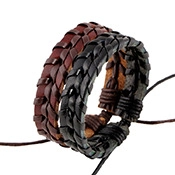 Detail of hand-woven black and brown leather bracelets with adjustable drawstring closure
