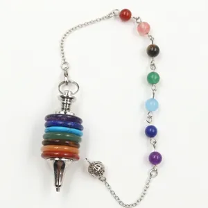 Chakra stone pendulum pendant with seven colorful gemstone layers and beaded silver chain