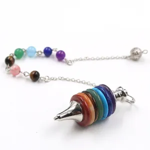 Natural 7 chakra crystal stone pendulum pendant with silver chain and colorful beads