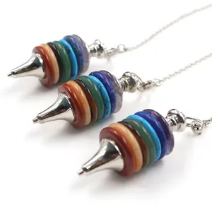 Natural Crystal Seven Chakra Pendulum Pendant Necklace Healing Stone Layered Geometric Cone For Meditation Jewelry Women Men