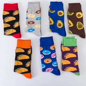 Set of 7 colorful cotton crew socks featuring taco, donut, and avocado food patterns
