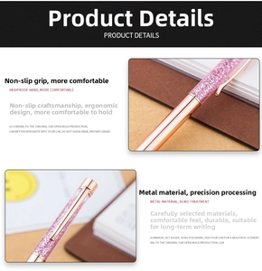 Macro detail of rose gold crystal ballpoint pen with pink diamond filling and ergonomic grip