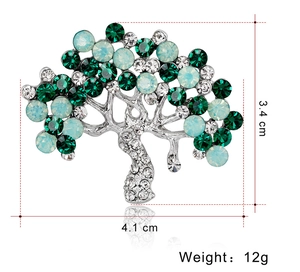 Detail view of crystal tree brooch with size 3.4x4.1cm and 12g weight measurement