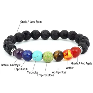 Chakra lava stone bracelet with seven colored energy beads and silver spacers