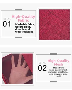 Detail of durable cationic oxford fabric and breathable mesh on travel shoe bag