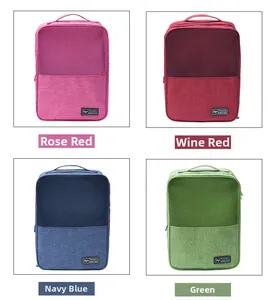 Detail view of 2-layer travel shoe bags in four colors with mesh panels and top handles