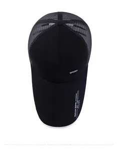 Detail of black sports cap featuring breathable mesh back and classic white sport text