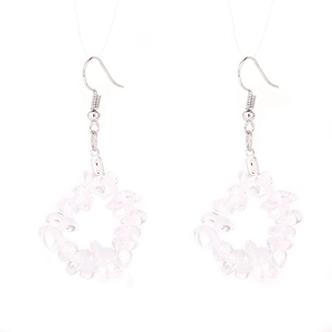 Macro detail of teardrop-shaped hook earrings made with light pink natural stone chips