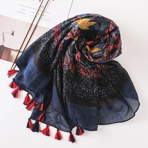 Artistic floral print cotton linen scarf with colorful blossoms and fringe tassels