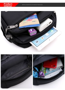 Detail view of Oxford fabric shoulder bag featuring multiple functional zipper compartments