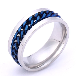 Polished silver stainless steel spinner ring with an embedded blue rotatable chain band