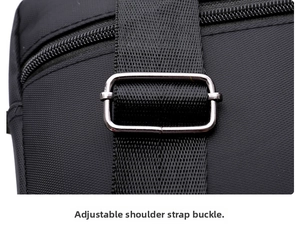 Detail of adjustable metal buckle and woven strap on Oxford fabric shoulder bag
