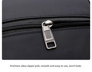 Detailed close-up of smooth silver alloy zippers on a black Oxford fabric shoulder bag