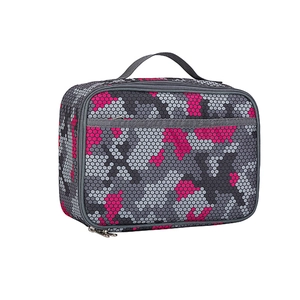 Portable lunch bag with pink and grey honeycomb pattern and grey strap handles