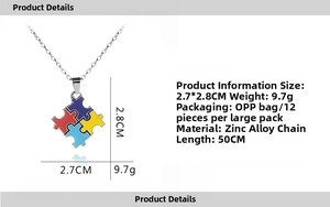 Detail view of colorful puzzle piece necklace pendant with specific size measurements