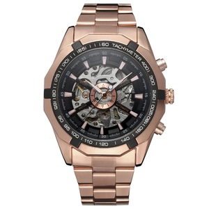 Detailed close-up of Forsining automatic mechanical watch with rose gold strap and skeleton dial