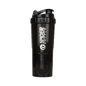 Shaker noir grande capacité avec logo Spider et compartiment pour poudre de protéine