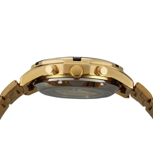 Detail view of gold automatic watch case with three functional side buttons and metal strap