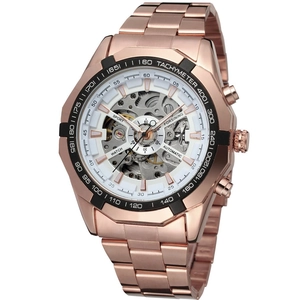 Macro detail of rose gold automatic skeleton watch showing the internal movement