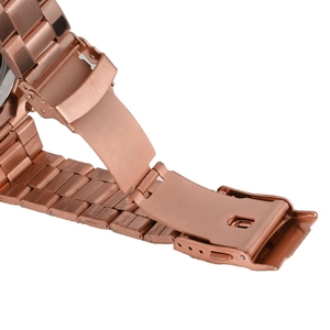 Detailed close-up of rose gold stainless steel watch strap and folding clasp on white background