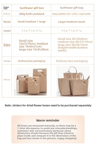 Size chart showing dimensions for vintage kraft paper gift boxes and handheld gift bags