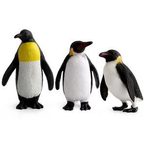 Set of 3 realistic penguin figures with imperial penguin adults and chicks on white background