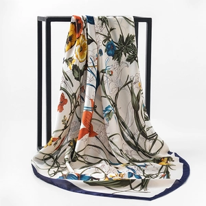 Floral satin silk square scarf in ivory with colorful pansy prints and blue borders
