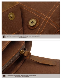 Detail of high-hardness magnetic buckle and premium leather zipper puller on canvas bag