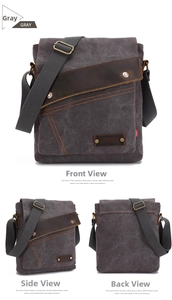 Detail views of grey canvas messenger bag with brown leather trim and metal snaps