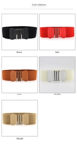 Detailed view of elastic wide waist belts for women in black, red, tan, beige and khaki