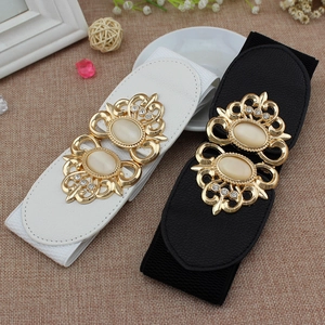 Women Wide Elastic Corset Belt PU Leather Golden Alloy Hollow Buckle Inlaid Cat Eye Stones Rhinestones Vintage Decor