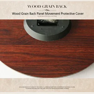 Rear view of round wooden wall clock showing waterproof canvas and movement cover
