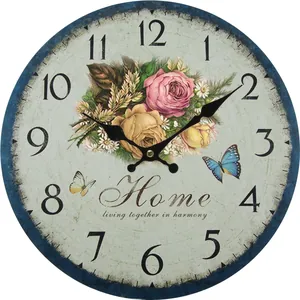 Vintage 12 inch round wooden wall clock with floral rose design and silent movement