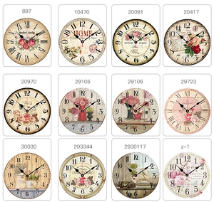 Detailed grid view of twelve vintage round wooden wall clocks with floral patterns