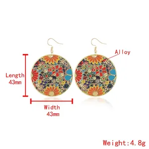 Round floral alloy drop earrings with vibrant colorful flower patterns in 43mm size