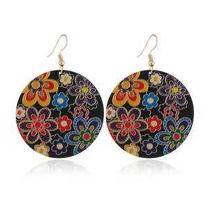 Fashionable oversized round drop earrings with colorful floral patterns and gold hooks