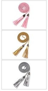 Detail of woven PU waist belts with fringe tassels in pink gold brown and silver grey