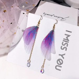 Elegant purple gradient butterfly wing earrings with long gold tassel and teardrop pendant