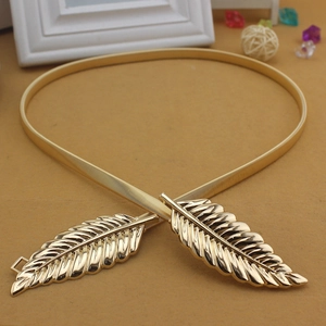 Elegant gold metal elastic waist belt with polished double leaf buckle for women