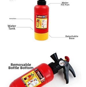 Detail view of red fire extinguisher squirt gun with removable base and water inlet