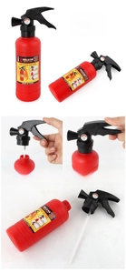 Detail of red firefighter water gun toy showing assembly and spray mechanism